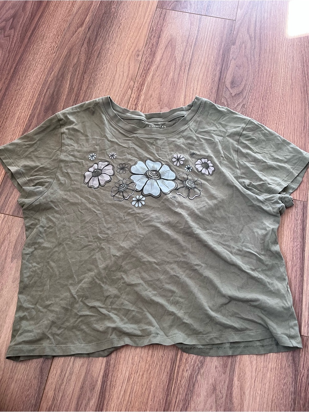 American Eagle Outfitters Olive Green Cropped Floral Tee